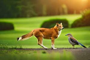 ein Hund und ein Vogel Stehen auf ein Weg. KI-generiert foto