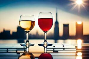 zwei Wein Brille mit anders farbig Flüssigkeiten auf ein Tabelle im Vorderseite von ein Stadt Horizont. KI-generiert foto