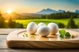 Eier auf ein hölzern Schneiden Tafel mit ein Aussicht von das Berge. KI-generiert foto