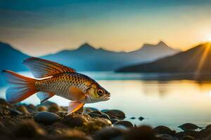 Goldfisch beim Sonnenuntergang auf das See. KI-generiert foto