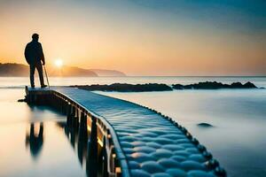 ein Mann Stehen auf ein Seebrücke beim Sonnenuntergang. KI-generiert foto