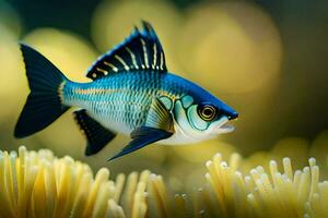 ein Fisch mit Blau und schwarz Streifen ist Schwimmen im das Ozean. KI-generiert foto