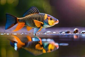 ein Fisch mit ein schwarz und Orange Körper ist reflektiert im das Wasser. KI-generiert foto