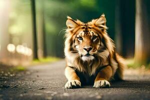 ein Tiger Sitzung auf das Straße im das Wald. KI-generiert foto
