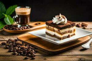 Kaffee und Kuchen auf ein hölzern Tisch. KI-generiert foto