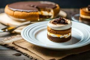 ein Scheibe von Käsekuchen auf ein Teller mit ein Schokolade Kuchen. KI-generiert foto