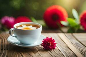 ein Tasse von Tee mit Blumen auf ein hölzern Tisch. KI-generiert foto