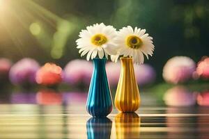 zwei Vasen mit Blumen auf ein Tisch. KI-generiert foto