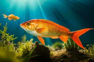 ein Fisch Schwimmen im das Wasser mit Sonnenlicht leuchtenden. KI-generiert foto