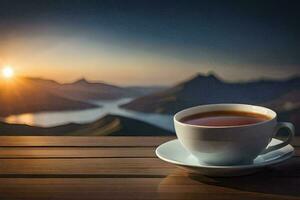 ein Tasse von Tee auf ein hölzern Tabelle mit Berge im das Hintergrund. KI-generiert foto