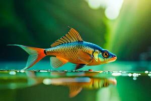 ein Fisch ist Stehen auf das Wasser mit Sonnenlicht leuchtenden auf Es. KI-generiert foto