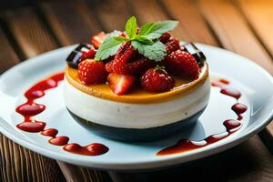 ein Dessert mit Erdbeeren und Schokolade auf ein Platte. KI-generiert foto