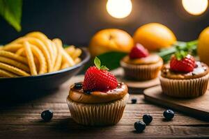 Cupcakes mit Erdbeeren und Blaubeeren auf ein hölzern Tisch. KI-generiert foto