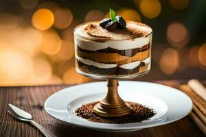 Schokolade Mousse Dessert auf ein Teller mit ein Gabel und Löffel. KI-generiert foto
