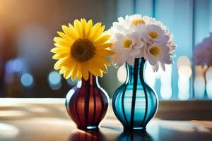 zwei Vasen mit Blumen im Sie auf ein Tisch. KI-generiert foto