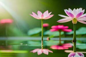 zwei Rosa Lotus Blumen sind reflektiert im das Wasser. KI-generiert foto