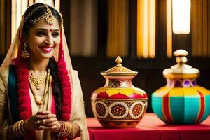 ein schön indisch Braut lächelnd Nächster zu bunt Töpfe. KI-generiert foto
