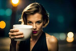 ein Frau halten ein Tasse von Kaffee. KI-generiert foto
