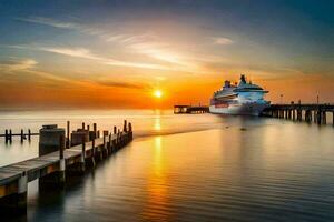 ein Kreuzfahrt Schiff angedockt beim das Seebrücke beim Sonnenuntergang. KI-generiert foto