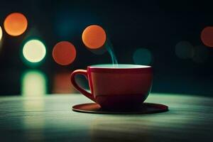 ein rot Tasse von Kaffee auf ein Tabelle mit Beleuchtung im das Hintergrund. KI-generiert foto