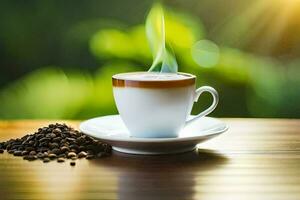 Kaffee Bohnen auf ein hölzern Tisch. KI-generiert foto