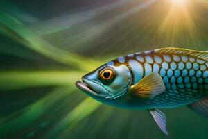 ein Fisch mit hell Blau Augen und ein Gelb Körper. KI-generiert foto