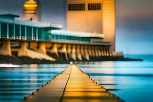 ein lange Seebrücke mit ein Gebäude im das Hintergrund. KI-generiert foto