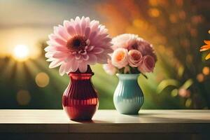 zwei Vasen mit Blumen auf ein Tabelle im Vorderseite von ein Sonnenuntergang. KI-generiert foto