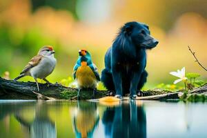 zwei Vögel und ein Hund sind Sitzung auf ein Ast in der Nähe von Wasser. KI-generiert foto