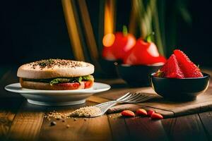 ein Sandwich mit Erdbeeren und ein Gabel auf ein Tisch. KI-generiert foto