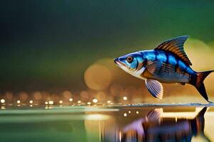 ein Fisch ist Stehen auf das Wasser mit ein Licht Hintergrund. KI-generiert foto