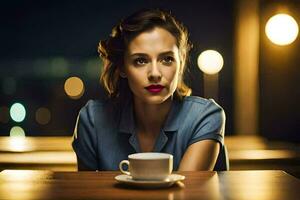ein Frau Sitzung beim ein Tabelle mit ein Tasse von Kaffee. KI-generiert foto