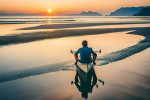 ein Mann ist Sitzung im ein Boot auf das Strand beim Sonnenuntergang. KI-generiert foto