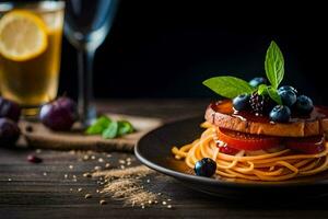 ein Teller von Spaghetti mit Tomaten, Blaubeeren und Basilikum. KI-generiert foto