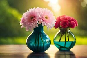 zwei Vasen mit Rosa Blumen Sitzung auf ein Tisch. KI-generiert foto
