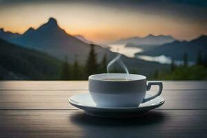 Kaffee Tasse auf das Tabelle mit Berge im das Hintergrund. KI-generiert foto