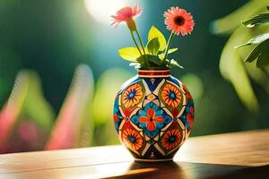 ein bunt Vase mit Blumen auf ein Tisch. KI-generiert foto