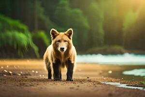 ein Fuchs Stehen auf das Strand in der Nähe von ein Fluss. KI-generiert foto