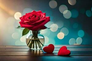 rot Rose im Vase mit Herzen auf Tisch. KI-generiert foto