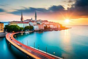 das Sonne setzt Über das Stadt von Zagreb, Kroatien. KI-generiert foto