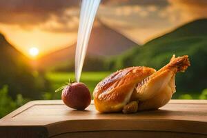 ein Hähnchen auf ein Schneiden Tafel mit ein Sonnenuntergang im das Hintergrund. KI-generiert foto