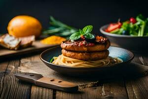 ein Teller von Spaghetti mit Fleischklößchen und Gemüse. KI-generiert foto