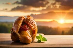 Hähnchen auf das Tabelle mit Sonnenuntergang im das Hintergrund. KI-generiert foto