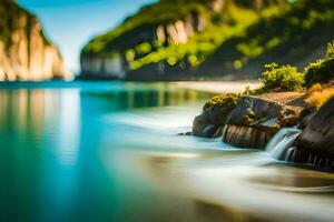 ein schön Strand mit Wasser fließend Über Felsen. KI-generiert foto