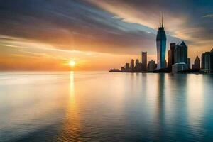 das Sonne setzt Über das Stadt Horizont im Dubai. KI-generiert foto