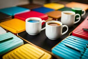 bunt Kaffee Tassen und ein schwarz Tablett mit ein Messer. KI-generiert foto