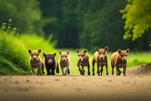 ein Gruppe von klein Hunde Gehen Nieder ein Straße. KI-generiert foto