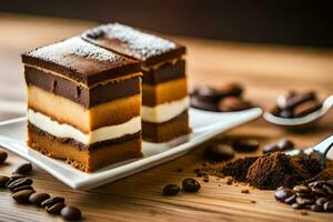 ein Stück von Kuchen mit Kaffee Bohnen auf ein Platte. KI-generiert foto