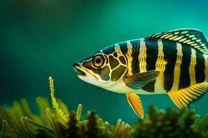 ein gestreift Fisch ist Stehen im das Wasser. KI-generiert foto