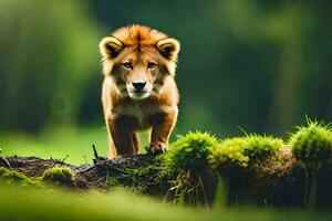 ein Löwe Gehen auf ein Log im das Mitte von ein Grün Feld. KI-generiert foto